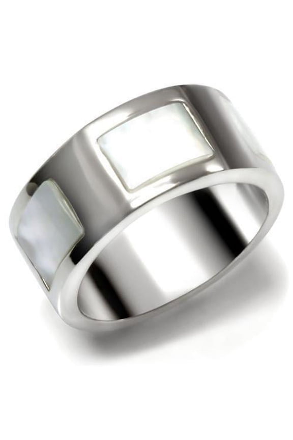 TK043 - High polished (no plating) Stainless Steel Ring with Precious Stone Conch in White