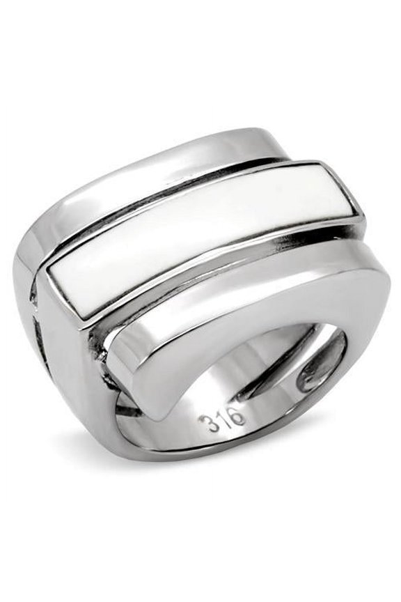 TK108 - High polished (no plating) Stainless Steel Ring with Semi-Precious Agate in White