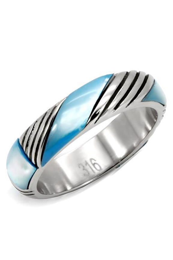 TK110 - High polished (no plating) Stainless Steel Ring with Precious Stone Conch in Sea Blue