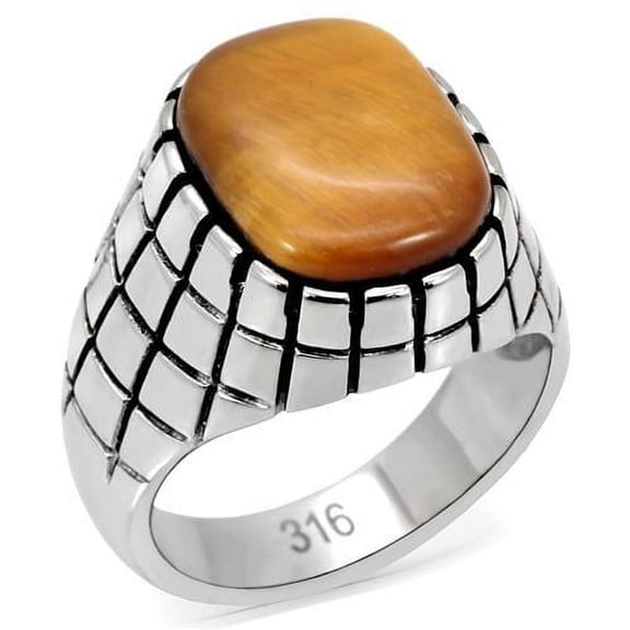 RareGem TK129 - High polished (no plating) Stainless Steel Ring with Synthetic Tiger Eye in Topaz