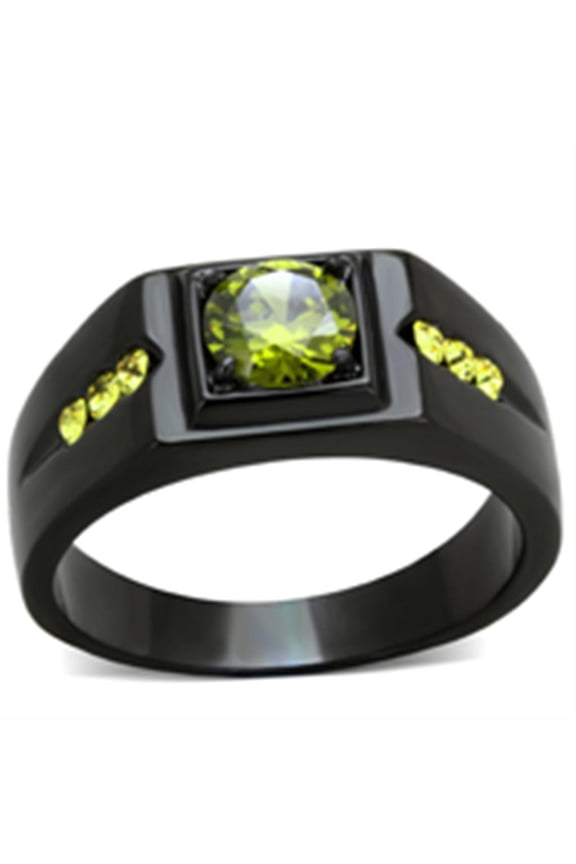 TK1928 - IP Black(Ion Plating) Stainless Steel Ring with AAA Grade CZ in Olivine color