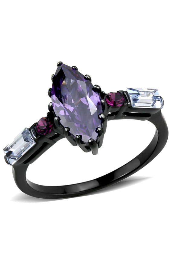 TK3456 - IP Black(Ion Plating) Stainless Steel Ring with AAA Grade CZ in Amethyst