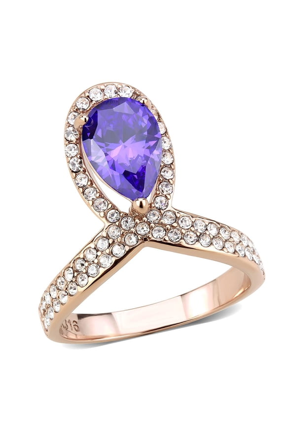 TK3589 - IP Rose Gold(Ion Plating) Stainless Steel Ring with AAA Grade CZ in Tanzanite