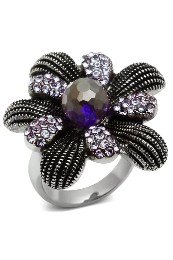 TK607 - High polished (no plating) Stainless Steel Ring with Synthetic Synthetic Glass in Amethyst