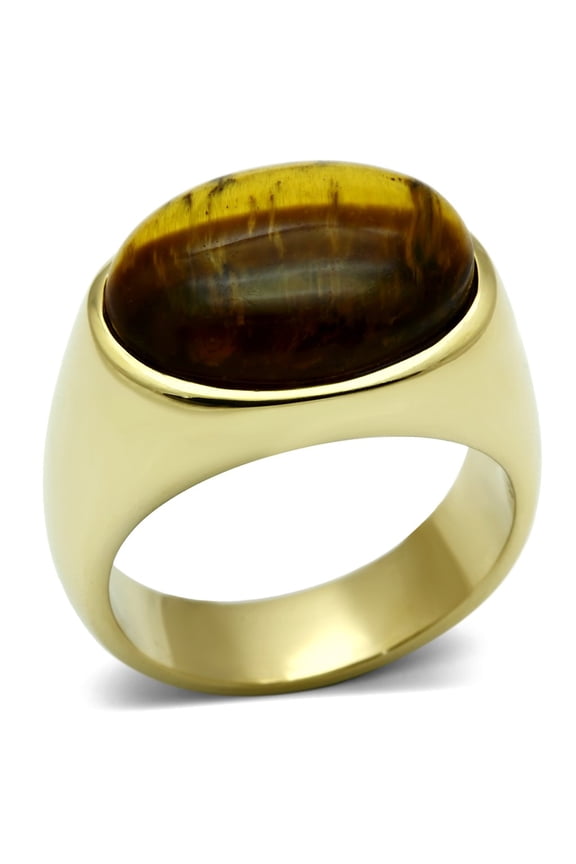 TK718 - IP Gold(Ion Plating) Stainless Steel Ring with Synthetic Tiger Eye in Topaz