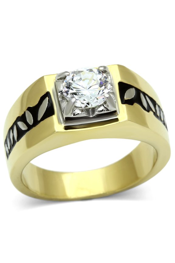 TK739 - Two-Tone IP Gold (Ion Plating) Stainless Steel Ring with AAA Grade CZ in Clear