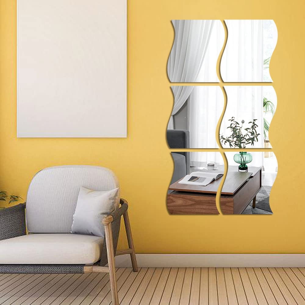 Rarida 6 Pack 3D Wavy Wall Mirrors, Acrylic Wall Decor, Home Living Room Bedroom Sofa TV Mirrors