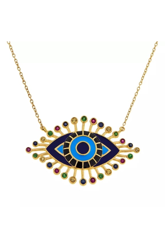 Gold Plated Silver Multi Gem Evil Eye Talisman Pendant Necklace 18"