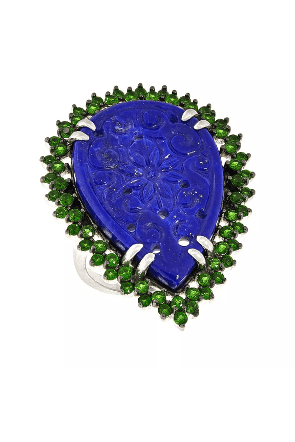 Pear-shaped Carved Lapis and Chrome Diopside Ring Size 6