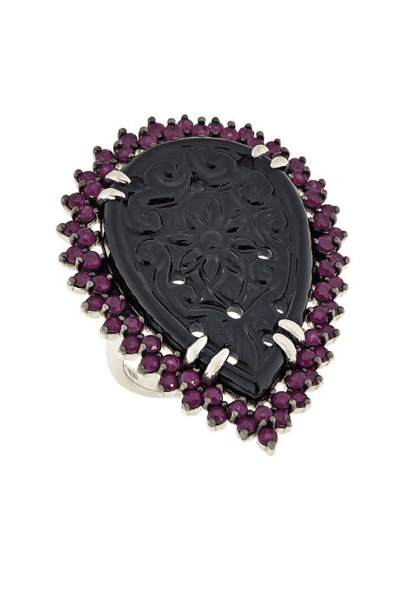 Sterling Silver Pear Shaped Carved Black Onyx Ring Size 5