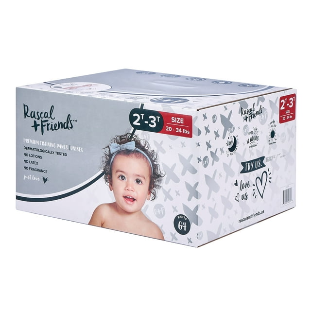 Rascal + Friends Premium Easy Pull Diapers, Size 2T3T, 64 Count for