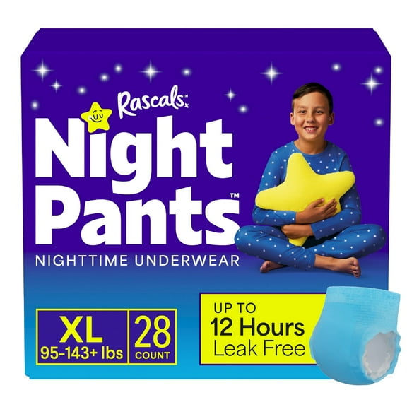 Rascals Night Pants Absorbent Disposable Boys Nighttime Bedwetting Underwear, XL (95-143+ lbs), 28 Count