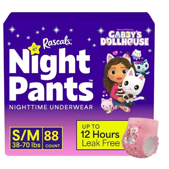 Rascals Night Pants Absorbent Girls Nighttime Bedwetting Underwear, Gabby's Dollhouse, S/M (38-70 lbs), 88 Count