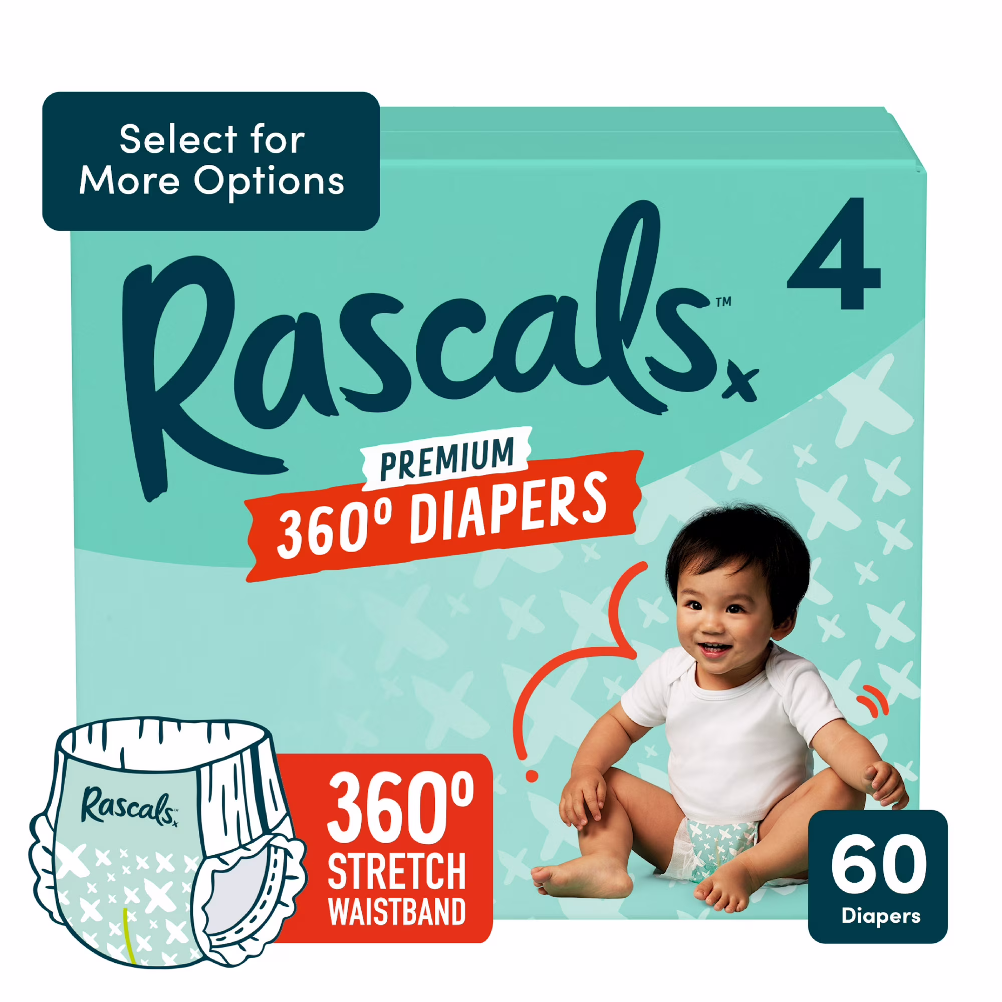 Rascals Premium 360 Absorbent Pull-On Diapers, Size 4 (60 Count), Baby Training Pants with Leak Protection