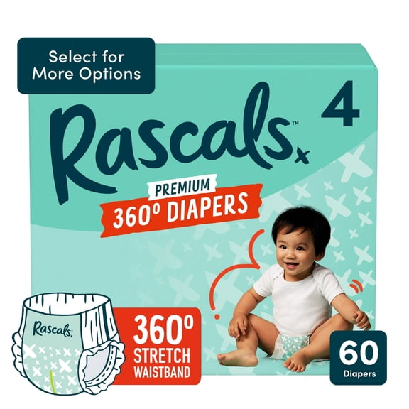 Rascals Premium 360 Absorbent Pull-On Diapers, Size 4, 60 Count