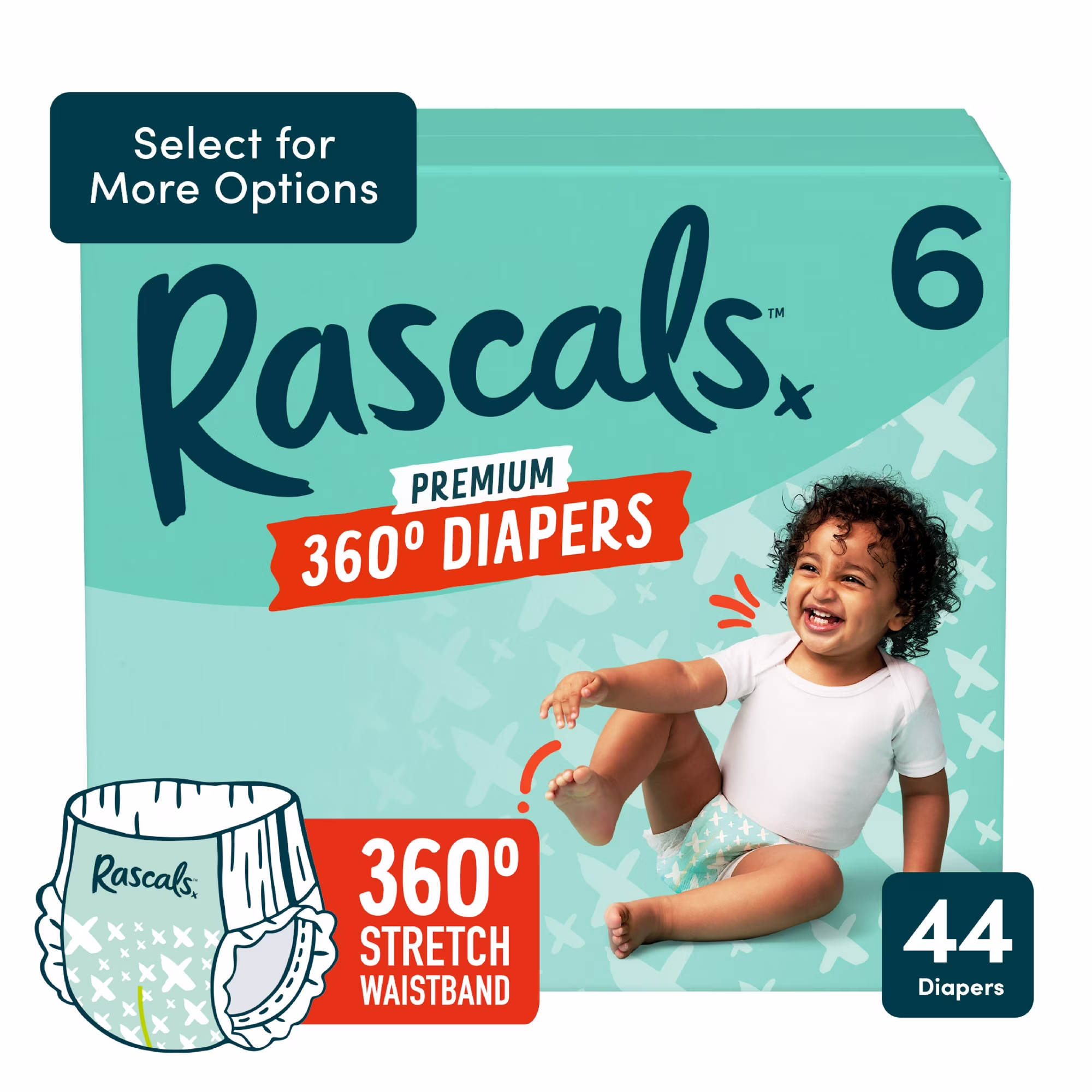 thumbnail image 1 of Rascals Premium 360 Absorbent Pull-On Diapers, Size 6 (44 Count), Baby Training Pants with Leak Protection, 1 of 7