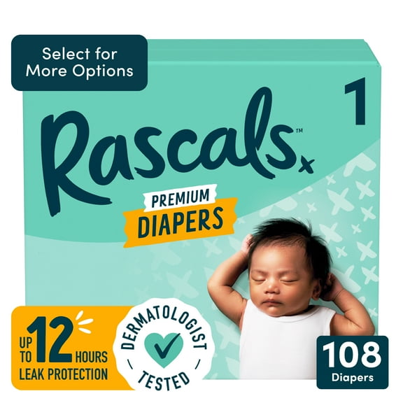 Rascals Premium Absorbent Baby Diapers Size 1, 108 Count, with 5 Sensitive Infant Wipes