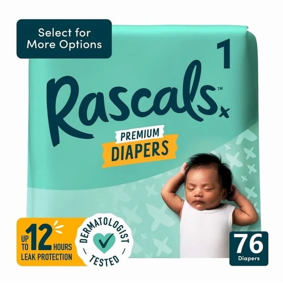 Rascals absorbent baby diapers size 1, 76 count, up to 12 hours leak protection, dermatologist tested