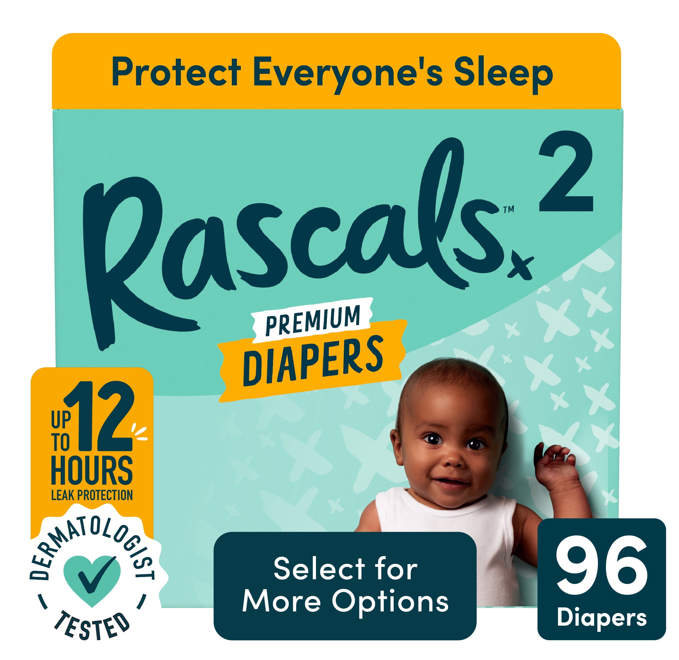 Rascals Premium Absorbent Baby Diapers Size 2, 96 Count