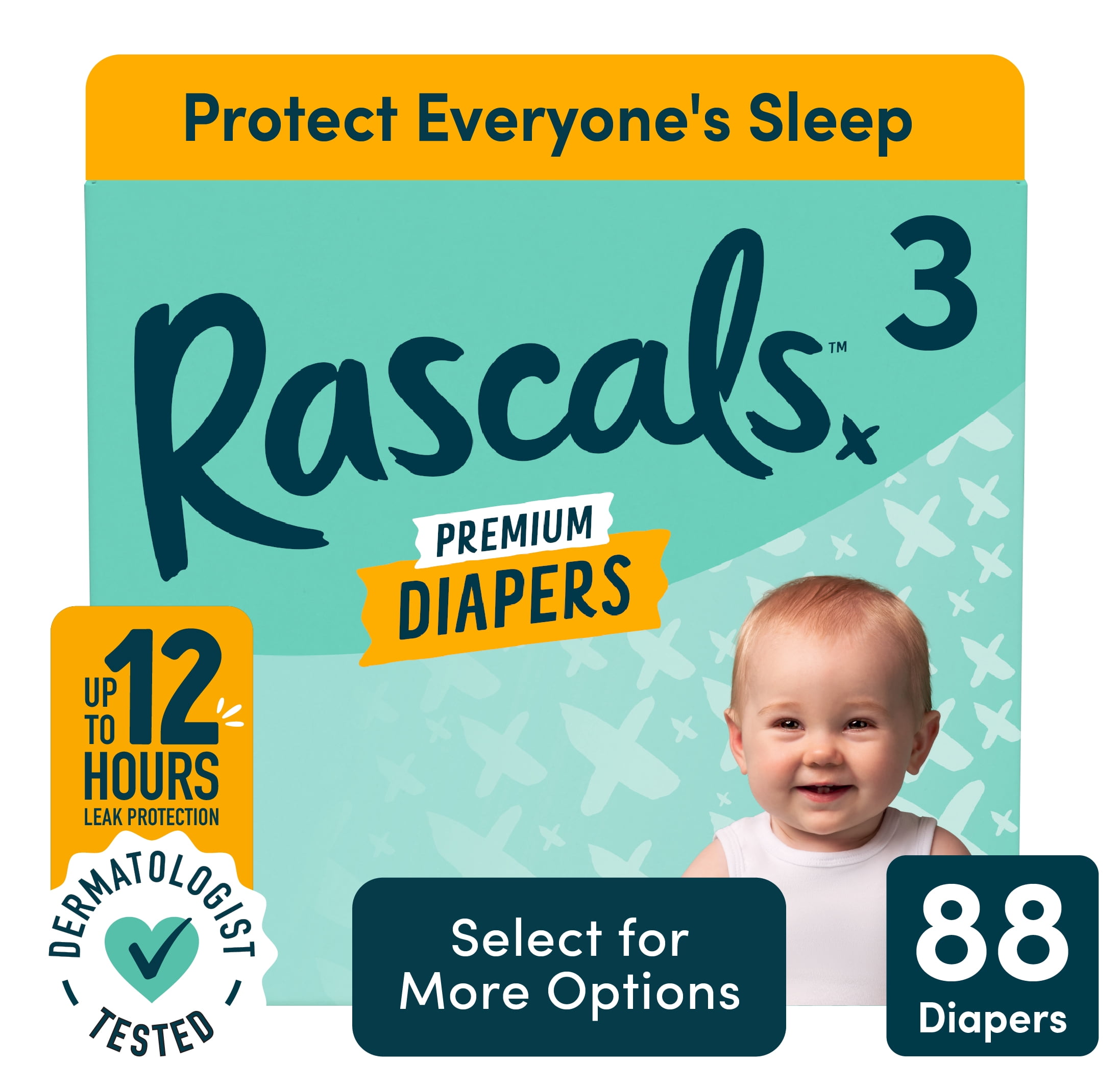 Rascals Premium Absorbent Baby Diapers Size 3, 88 Count