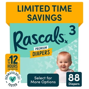 Rascals Pañales desechables premium absorbentes para bebé Talla 3, 88 unidades