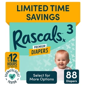 Rascals Premium Absorbent Baby Diapers Size 3, 88 Count