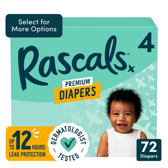 Rascals Premium Absorbent Baby Diapers Size 4, 72 Count