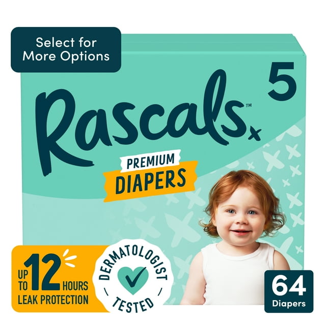 Rascals Premium CoComelon Absorbent Baby Diapers Size 5, 64 Count (Select for More Options)