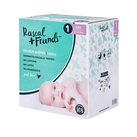 Rascals Premium Diapers, Size 1, 108 Count Newborn to Baby Age Group