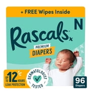 Rascals Premium Newborn Absorbent Baby Diapers Size Newborn, 96 Count, with 5 Sensitive Infant Wipes