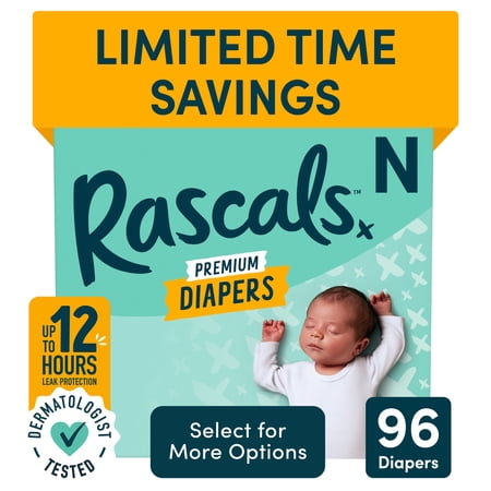 Rascals Premium Newborn Absorbent Baby Diapers Size Newborn, 96 Count