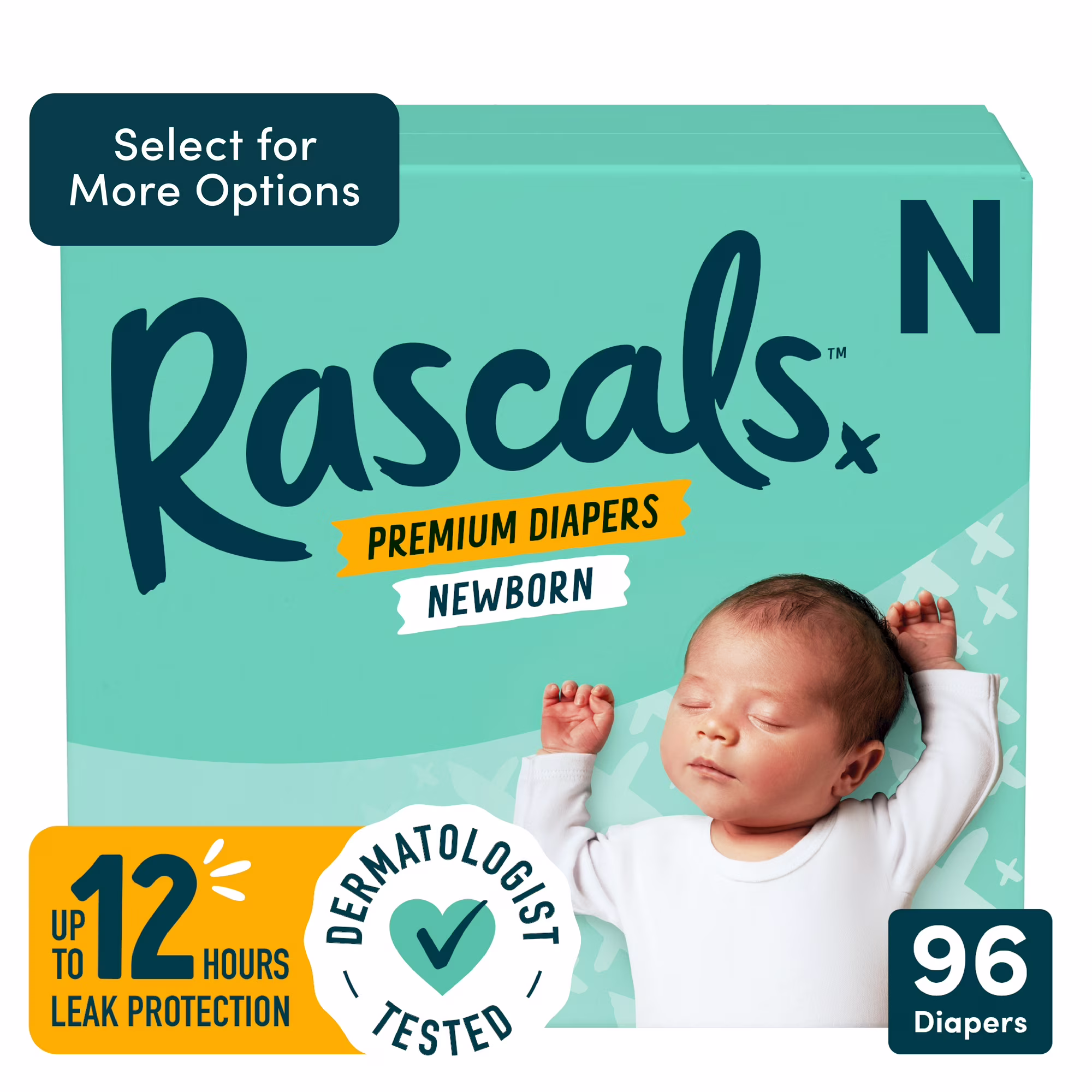 Rascals Premium Newborn Absorbent Baby Diapers, Newborn 96 Count, Soft & Gentle Diapers with Leak Protection