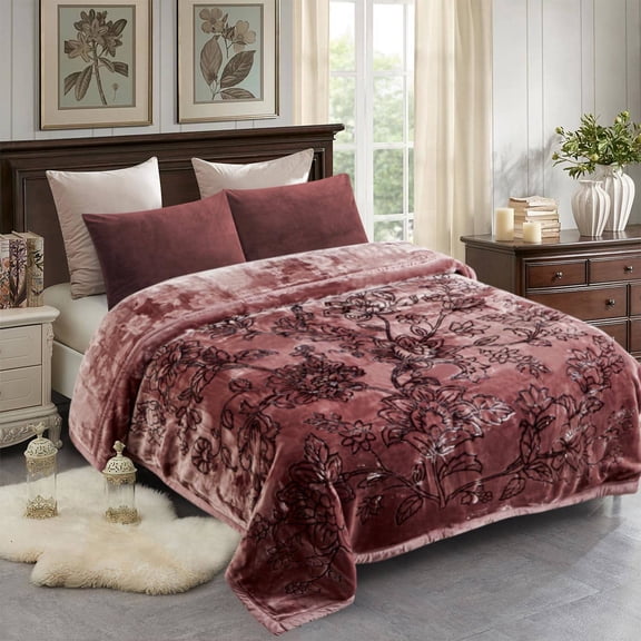 Raschel Fleece Blanket, King Size, 87" x 94", Floral Woodrose Design