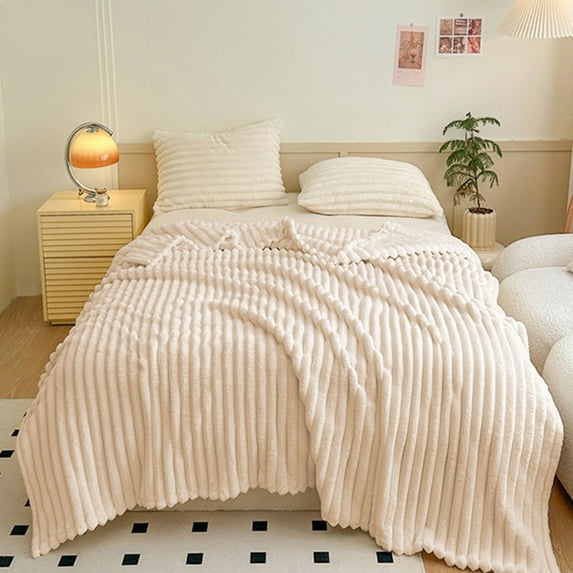 Raschel Fleece Blanket, Soft Thick Double, Bedding, Striped Design, for Beds Sofas, Winter Warming Artifact | White KTFgvq
