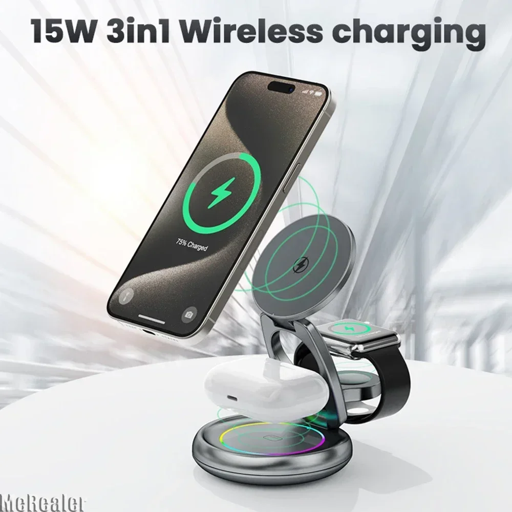 Rasdwt 3-in-1 Foldable Magnetic Wireless Charger Stand – 15W Fast Charge with Night Light & Includes 30W Adapter, Portable Charging Pad for iPhone, Apple Watch & AirPods 2/3, Home, Office, Travel
