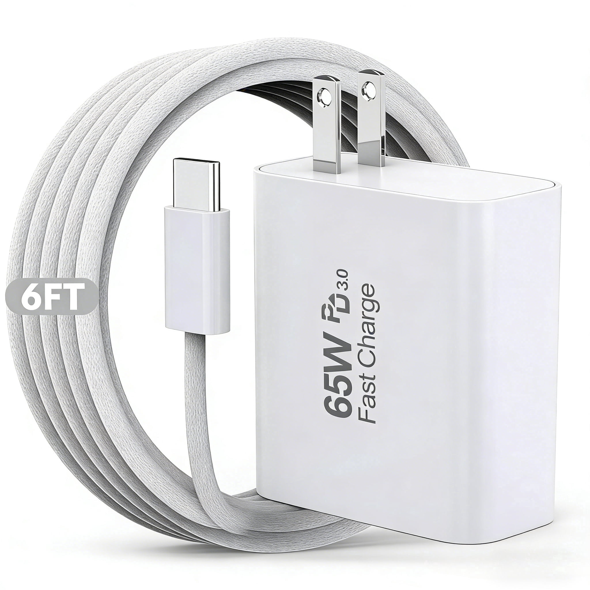 Rasdwt 65W GaN USB C Wall Charger 2-Pack, USB Multiport Plug Adapter, 6-Port (3C+3A) Fast Charging Cube, 6ft Woven Cable, for iPhone /Samsung/iPad/AirPods, Home/Travel