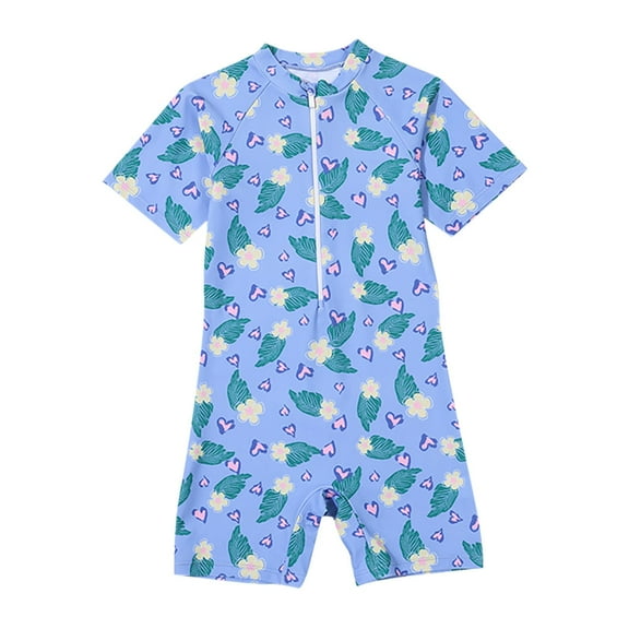 Rash Guard Short Sleeve Swimsuits for Girl Feather Zipper Romper Bathing Suit One Piece Boyleg Swimwear Light Blue, 10 Years