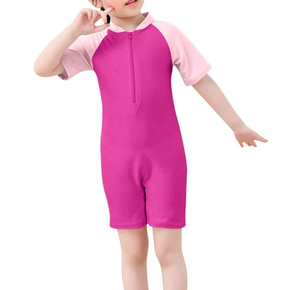 Rash Guard for Girls One Piece Short Sleeve Swimsuit UV Protection Swimwear Colorblock Swimsuits Surfing Bathing Suit