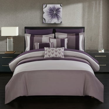 Chic Home Plum Bed in a Bag Comforter Set, Queen Size (10 Pieces), Ayelet - Color Blocked Stripes Premium Microfiber Bedding