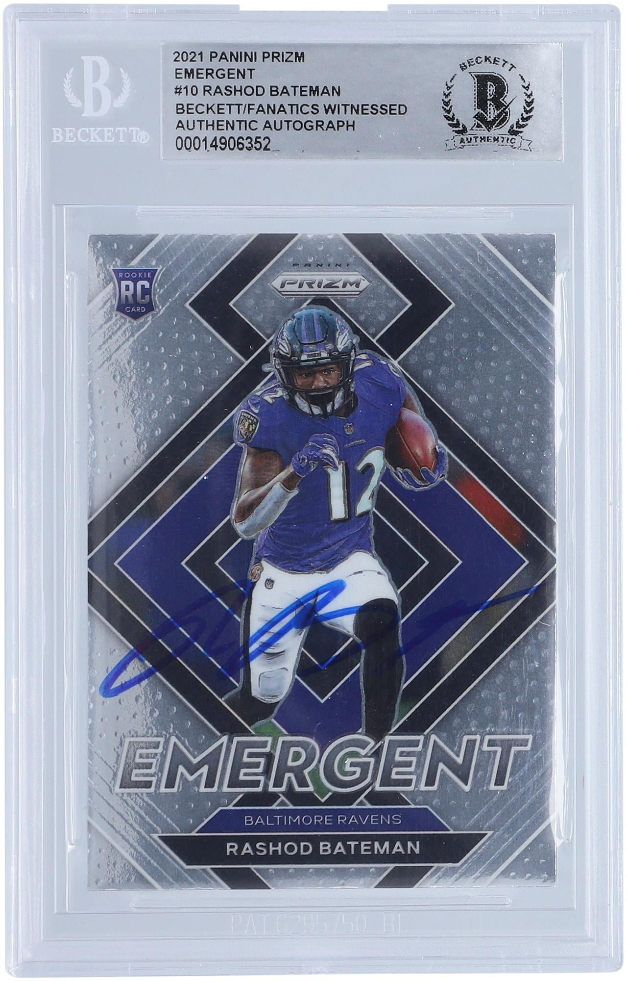Rashod Bateman Baltimore Ravens Autographed 2021 Panini Prizm Emergent E10 Beckett Fanatics