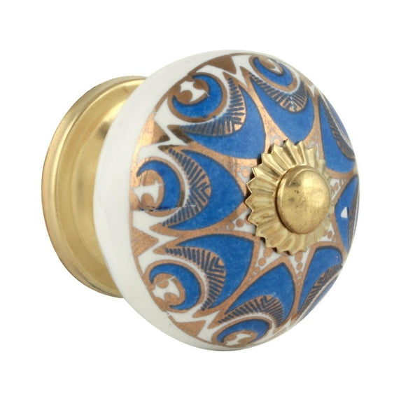 Rasiya Art Cabinet Knobs - Indian Handmade Ceramic Dresser Pull Handle Kitchen Cupboard Wardrobe Drawer Pulls Boho Furniture Hardware - Navy Blue Gold - Pack of 4