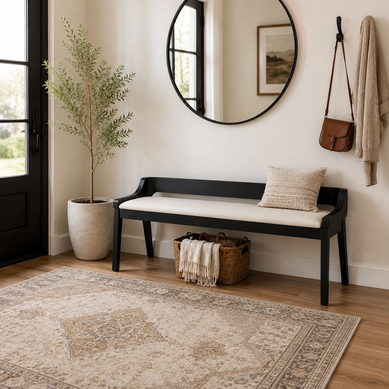 Rasmus Cream Faux Leather Wood Dining Bench - Black Finish