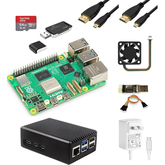 Rasp Pi 5 4GB Starter Kit, Pi 5 Single Board Computer, with Metal Case, 64GB Card and Card Readers, HDMI Cables and 27W USB C Power Supply Compatible with Raspberry Pi 5 (4GB Bundle)