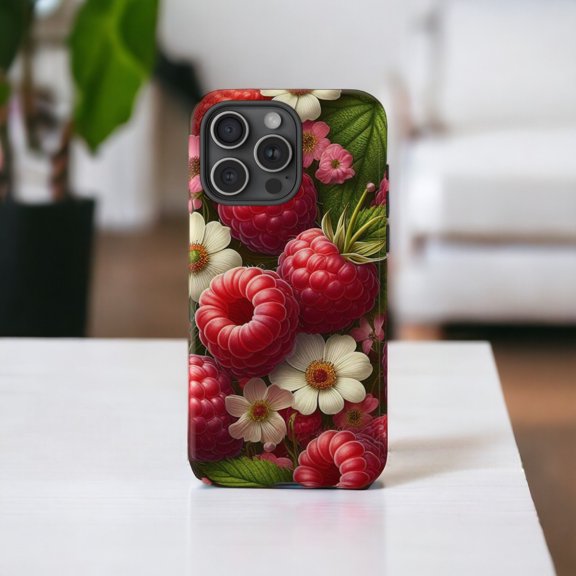 Raspberries Exotic Vibrant Fruit Tough Phone Case, Dual-Layer Protective Cover for iPhone