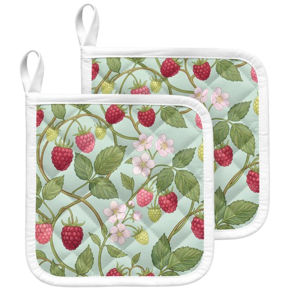 Raspberries Farmhouse Pot Holders for Kitchen Heatproof Potholder, 2 Pack Sage Green Vines Botanical Floral Hot Pads Multipurpose Oven Pads Terry Cloth Potholders Trivet for Cooking and Baking