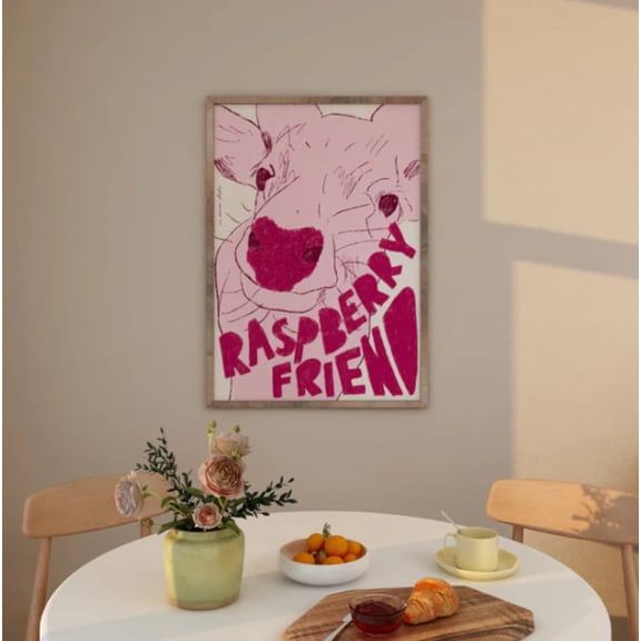 Raspberry Cow Illustration Art Print, Retro Fruit Kitchen Decor, Mid Century Wall Art, Unframed Paper Print Size 8x12