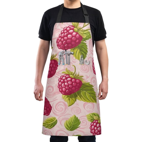 Raspberry Design on Pink Chef Kitchen Apron with Pockets for Women Waterproof Aprons for Cooking Baking