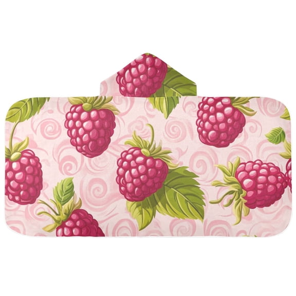 Raspberry Design on Pink Hooded Beach Towel Kids Bath Towels Quick Dry for Pool Swiming 50" x 23.5" Microfiber Soft Bathrobe