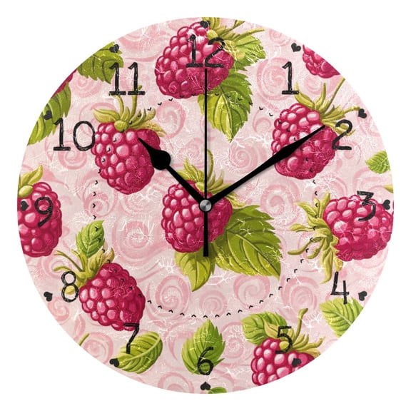Raspberry Design on Pink Round Wall Clock Silent Battery Operated Home Decor for Living Room Bedroom