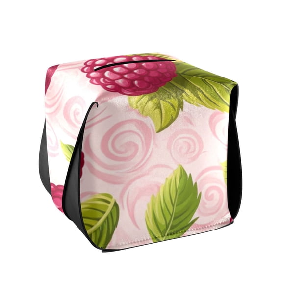 Raspberry Design on Pink Tissue Box Cover Leather Square Rectangle Tissue Box Holder for Bathroom Living Room Desk Office Decor